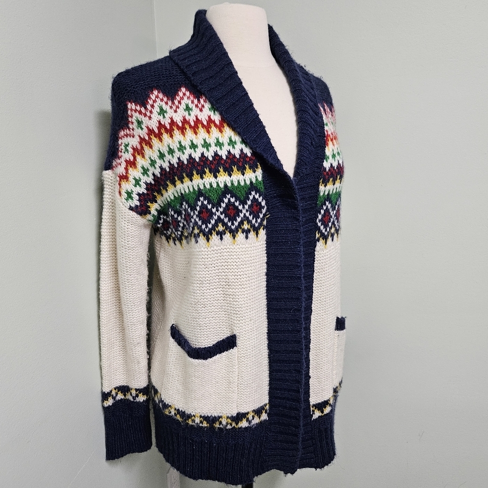 American Eagle Chunky Knit Fair Isle Cardigan Open Front Wool Mohair Blend XS